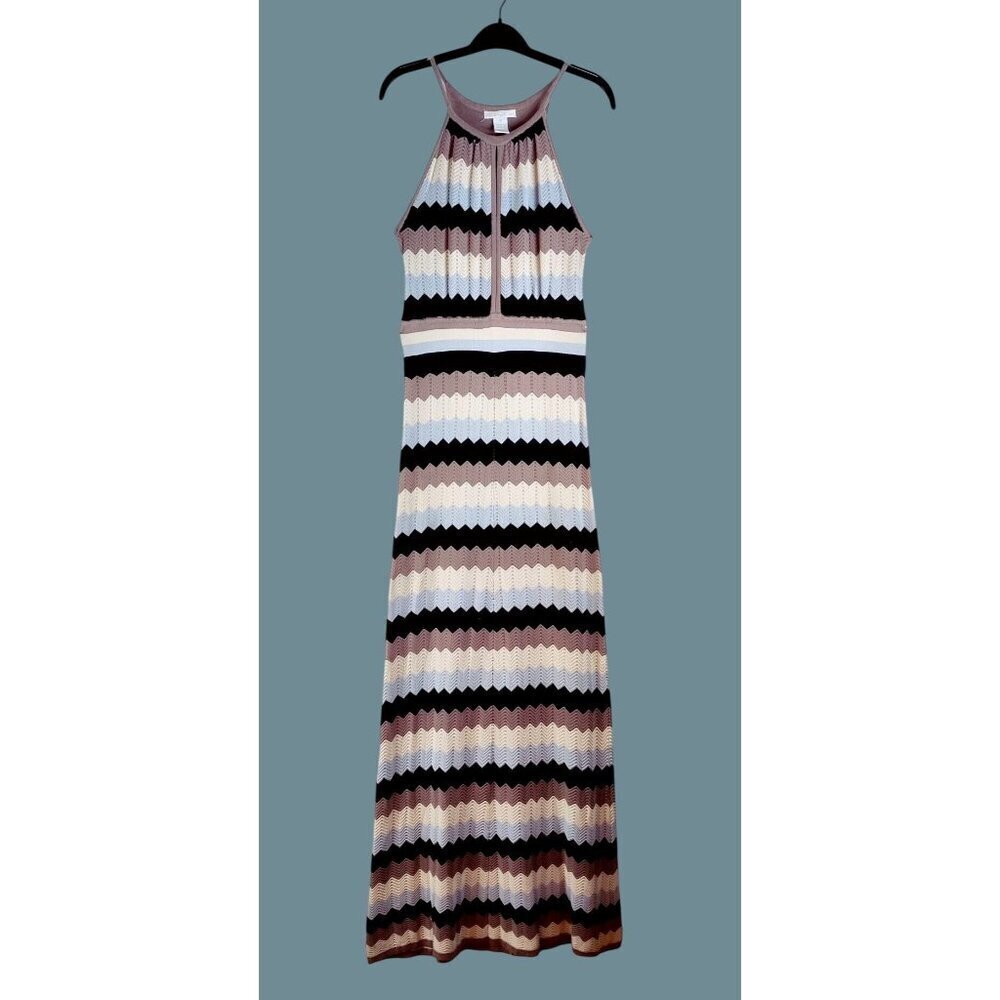 Maxi Halter Sun Dress M by Design History Knit Crochet Chevron Stripe Black Tan